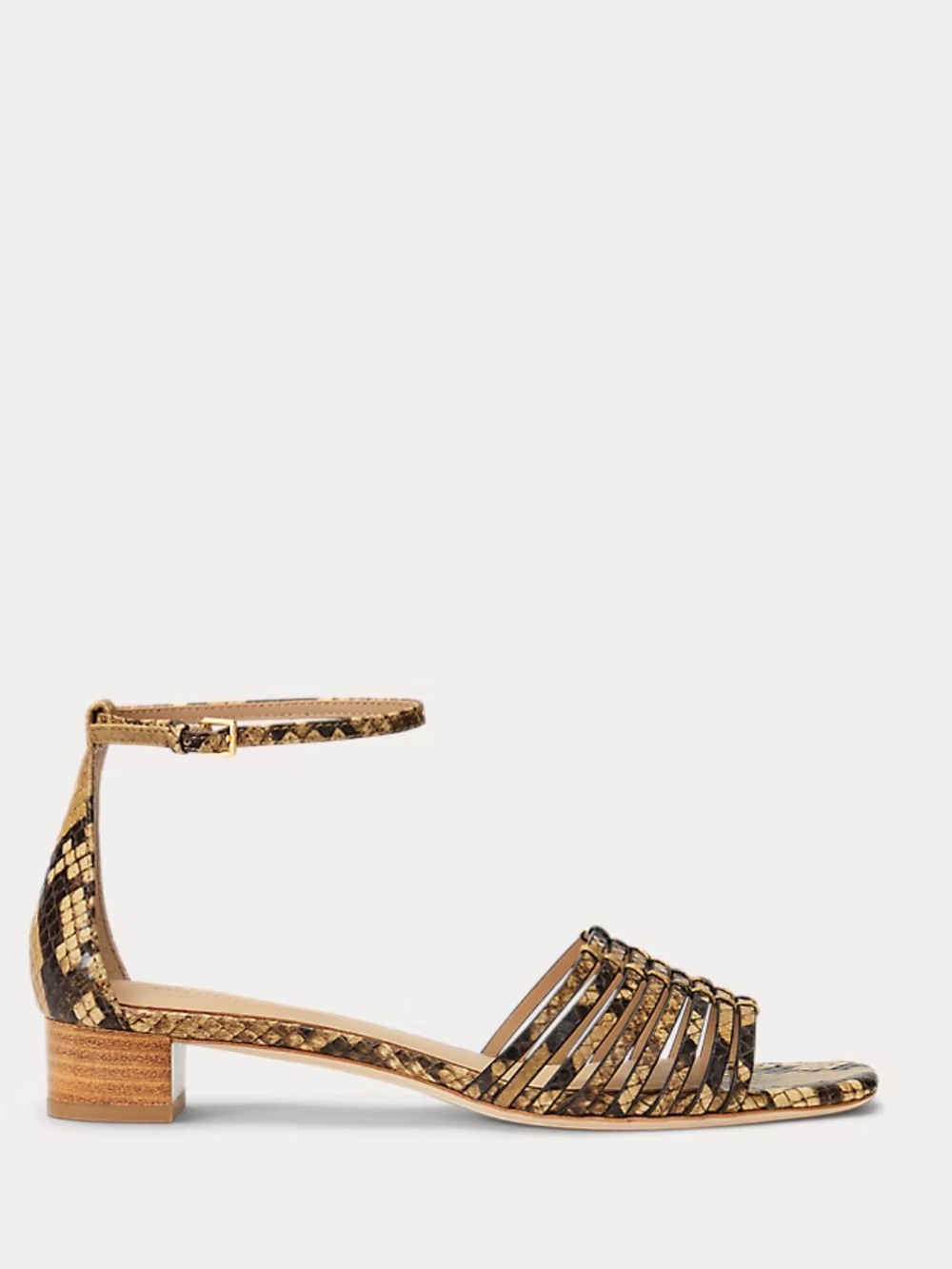 Ralph Lauren Black and Tan Snake-Print Strappy Block Heel Sandals